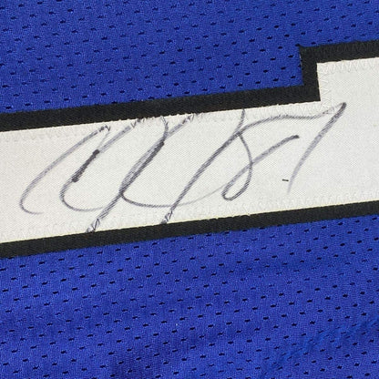 Framed Autographed/Signed Calvin Johnson 33x42 Detroit Royal Blue Football Jersey JSA COA