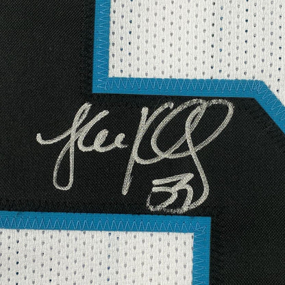 Framed Autographed/Signed Luke Kuechly 33x42 Carolina White Football Jersey Beckett BAS COA