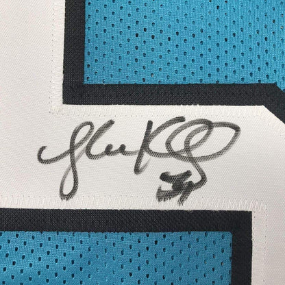Framed Autographed/Signed Luke Kuechly 33x42 Carolina Blue Football Jersey JSA COA