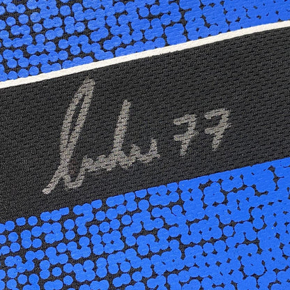 Framed Autographed/Signed Luka Doncic 33x42 Dallas Blue Practice Basketball Jersey Beckett BAS COA Holo Only