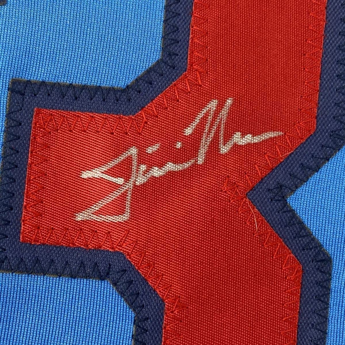 Framed Autographed/Signed Justin Morneau 33x42 Minnesota Retro Blue Baseball Jersey JSA COA