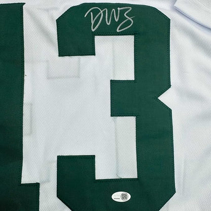 Framed Autographed/Signed Dontayvion Wicks 35x39 Green Bay White Football Jersey JSA COA