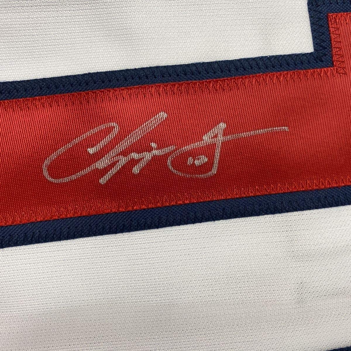 Framed Autographed/Signed Chipper Jones 33x42 Atlanta White Baseball Jersey JSA COA