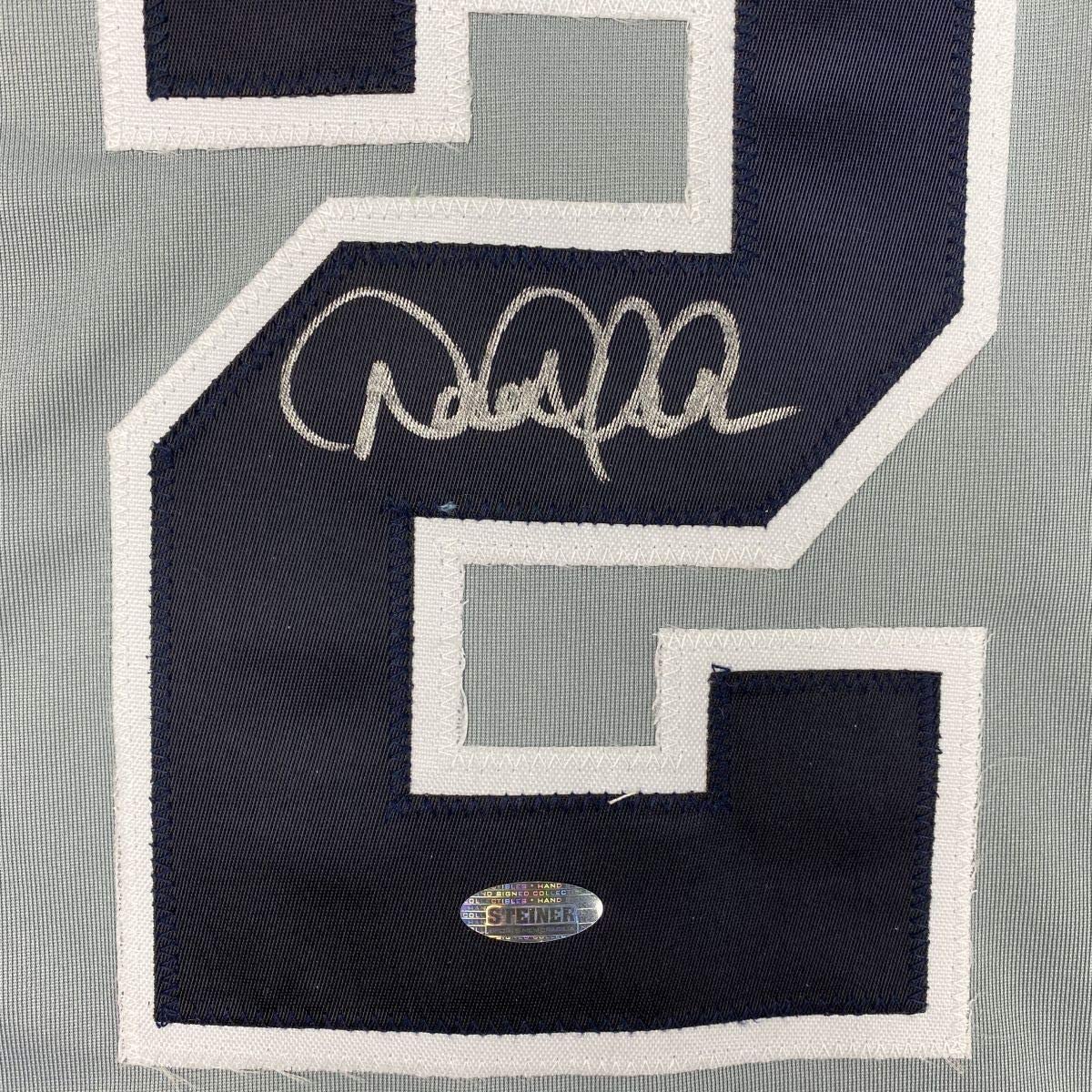 Framed Autographed/Signed Derek Jeter 33x42 New York Grey Baseball Jersey Steiner Sports COA Hologram Only