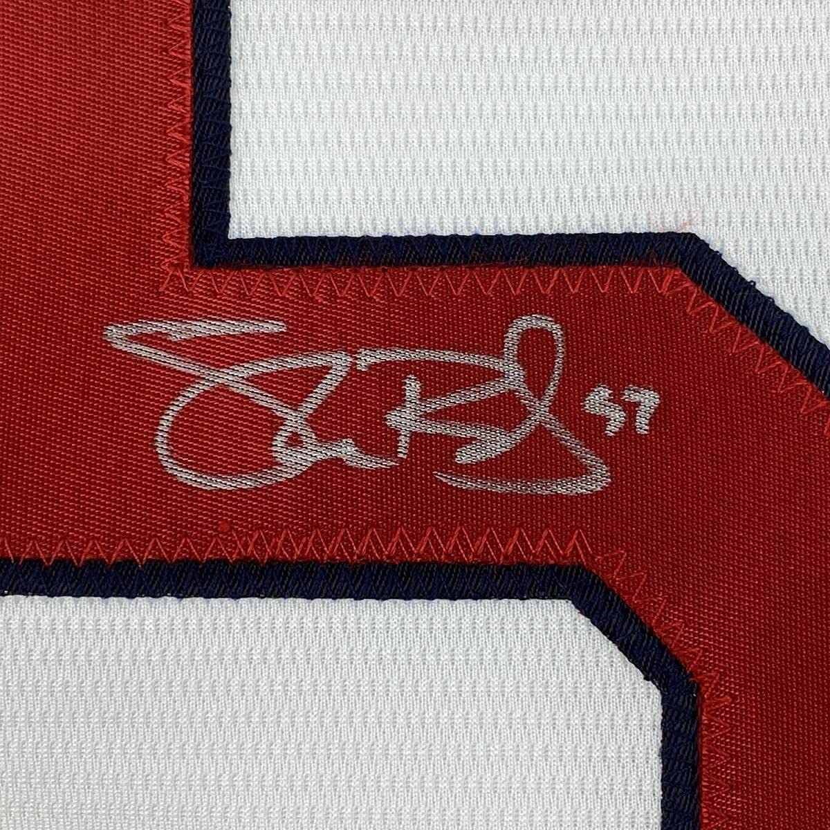 Framed Autographed/Signed Shane Bieber 33x42 Cleveland Indians White Majestic Baseball Jersey JSA COA