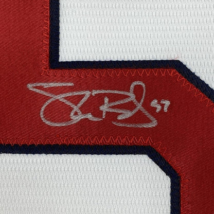 Framed Autographed/Signed Shane Bieber 33x42 Cleveland Indians White Majestic Baseball Jersey JSA COA