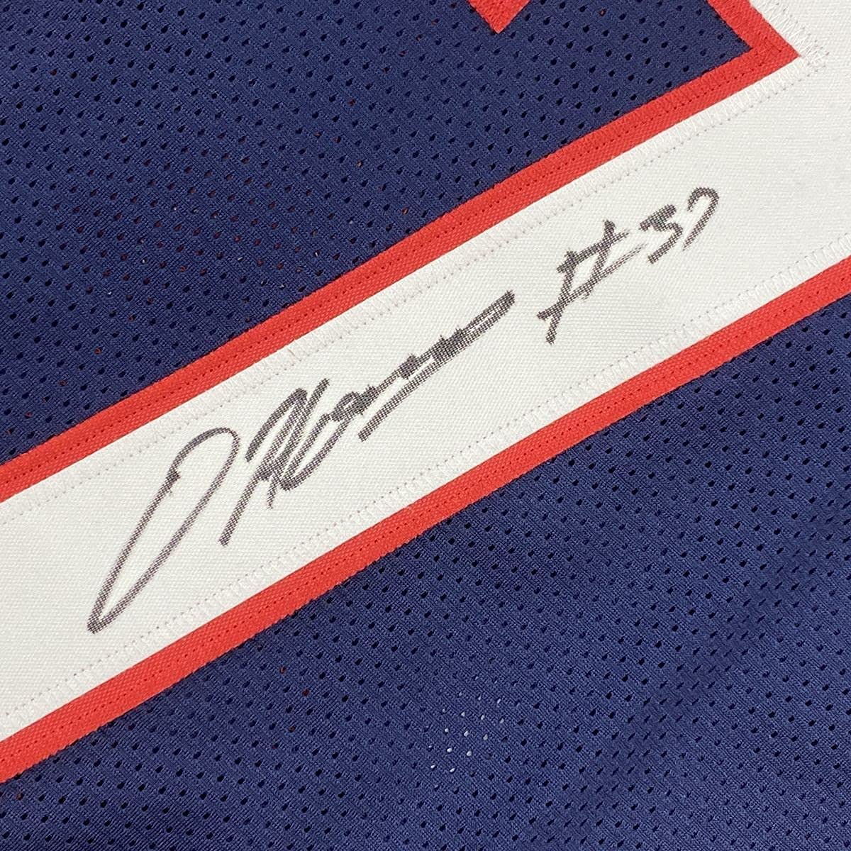 Framed Autographed/Signed Damien Harris 33x42 New England Blue Football Jersey Beckett BAS COA