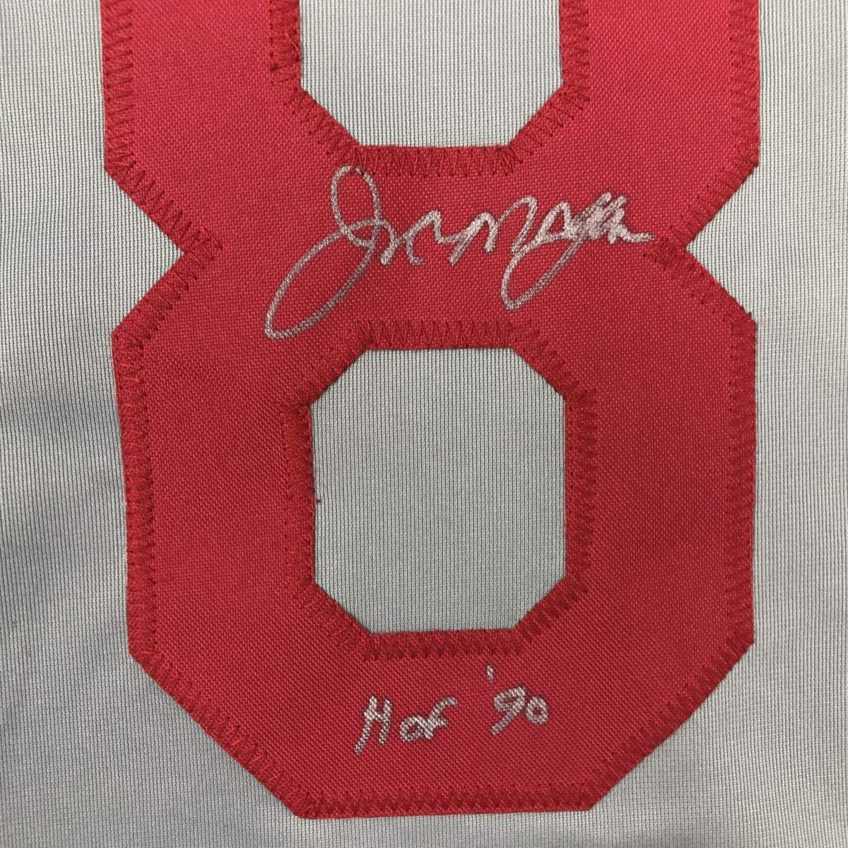 Framed Autographed/Signed Joe Morgan HOF 90 33x42 Cincinnati Grey Baseball Jersey JSA COA