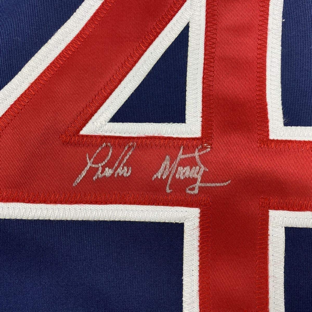 Framed Autographed/Signed Pedro Martinez 33x42 Boston Blue Baseball Jersey JSA COA