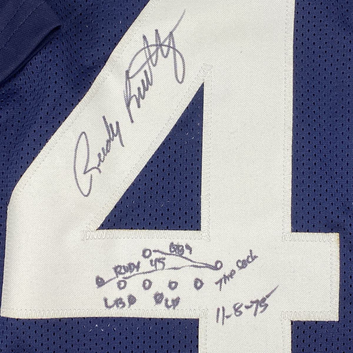 Framed Autographed/Signed Rudy Ruettiger 33x42 Hand Drawn Play Notre Dame Blue College Football Jersey JSA COA