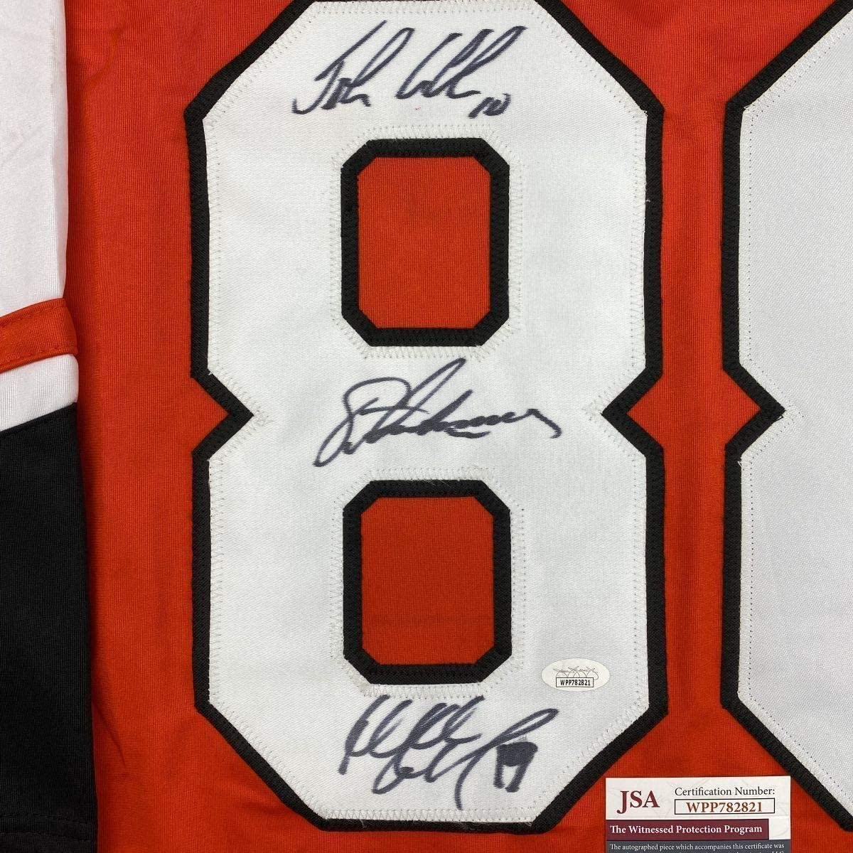 Framed Autographed/Signed Legion of Doom Eric Lindros, John LeClair & Mikail Renberg 33x42 Philadelphia Orange Hockey Jersey JSA COA