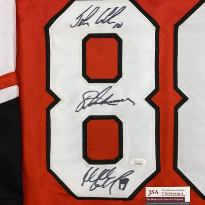 Framed Autographed/Signed Legion of Doom Eric Lindros, John LeClair & Mikail Renberg 33x42 Philadelphia Orange Hockey Jersey JSA COA