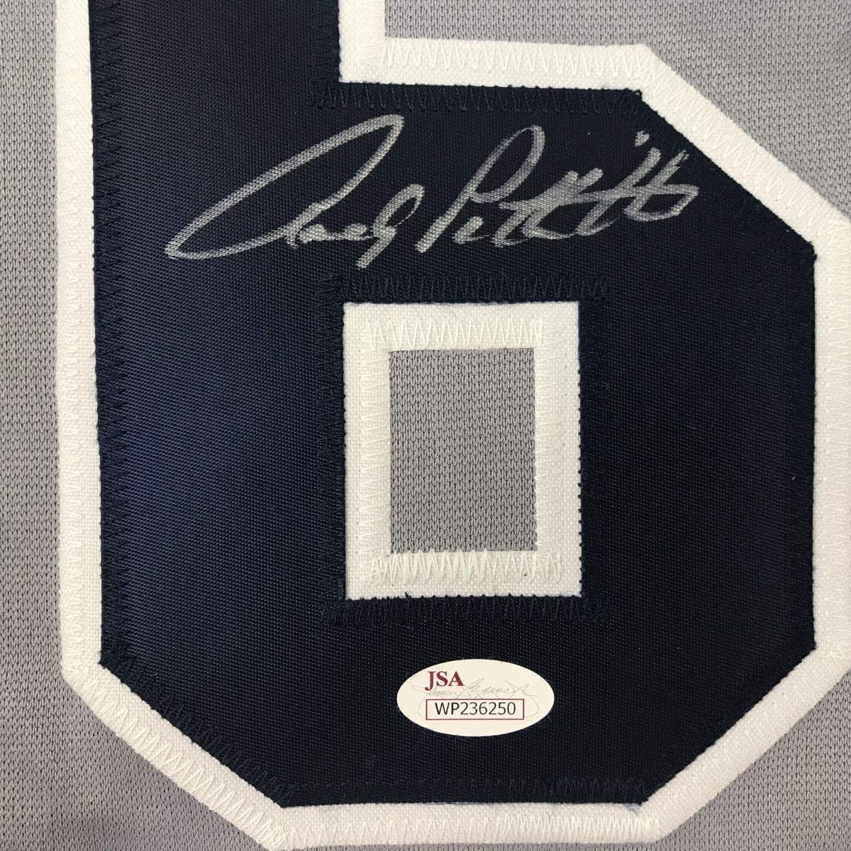 Framed Autographed/Signed Andy Pettitte 33x42 New York Grey Baseball Jersey JSA COA Holo Only