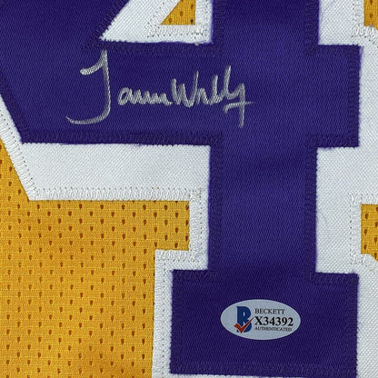 Framed Autographed/Signed James Worthy 33x42 Los Angeles LA Yellow Basketball Jersey Beckett BAS COA