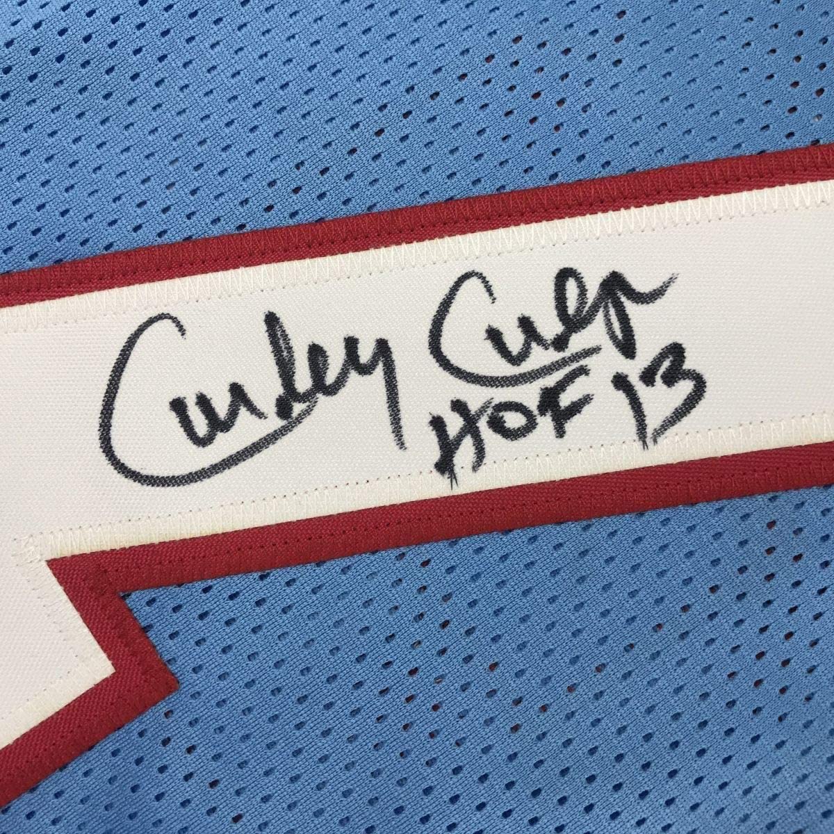 Framed Autographed/Signed Curley Culp HOF 13 33x42 Houston Blue Football Jersey JSA COA