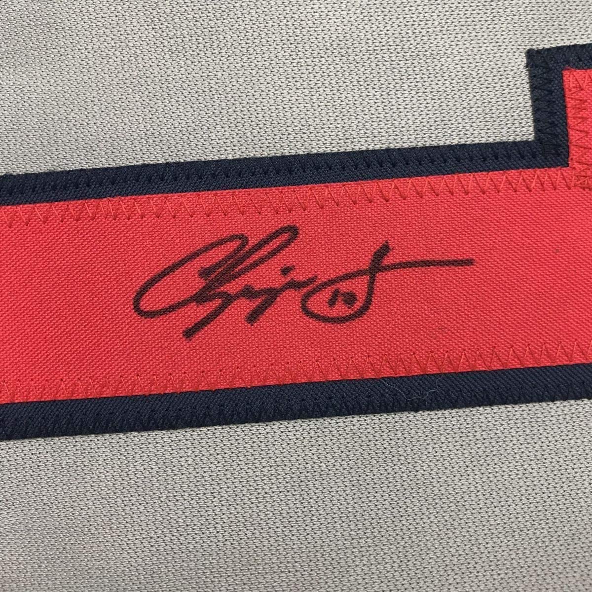 Framed Autographed/Signed Chipper Jones 33x42 Atlanta Grey Baseball Jersey JSA COA
