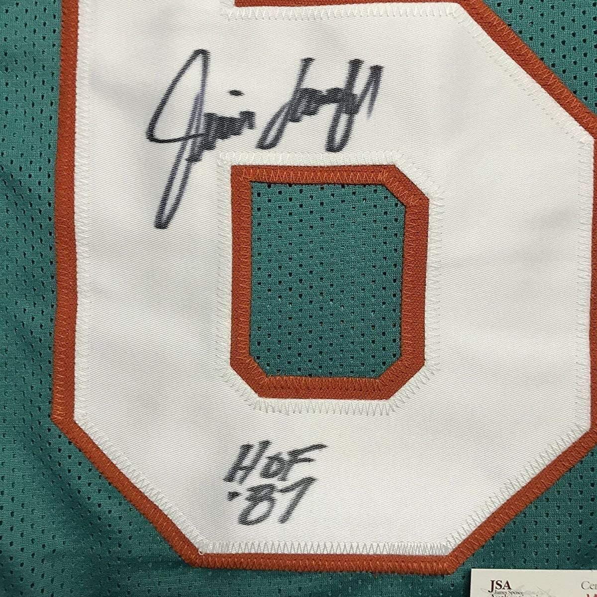 Framed Autographed/Signed Jim Langer"HOF 87" 33x42 Miami Dolphins Teal Football Jersey JSA COA