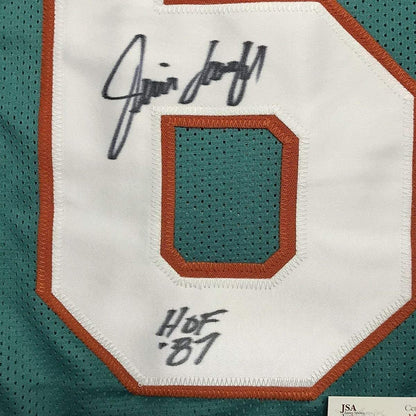 Framed Autographed/Signed Jim Langer"HOF 87" 33x42 Miami Dolphins Teal Football Jersey JSA COA