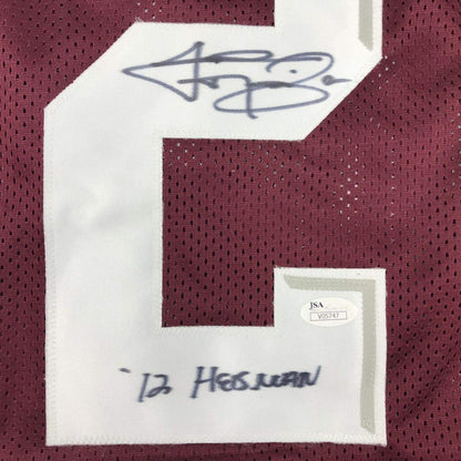 Framed Autographed/Signed Johnny Manziel 12 Heisman 33x42 Texas A&M Maroon College Football Jersey JSA COA