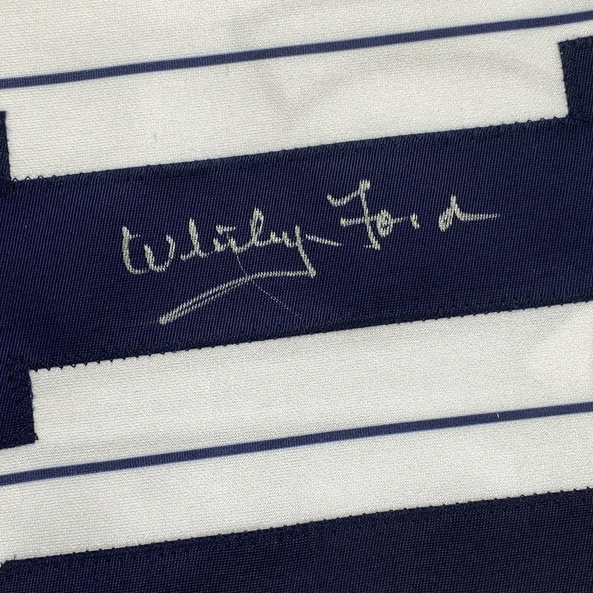 Framed Autographed/Signed Whitey Ford 33x42 New York Pinstripe Baseball Jersey PSA/DNA COA #2