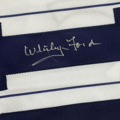 Framed Autographed/Signed Whitey Ford 33x42 New York Pinstripe Baseball Jersey PSA/DNA COA #2