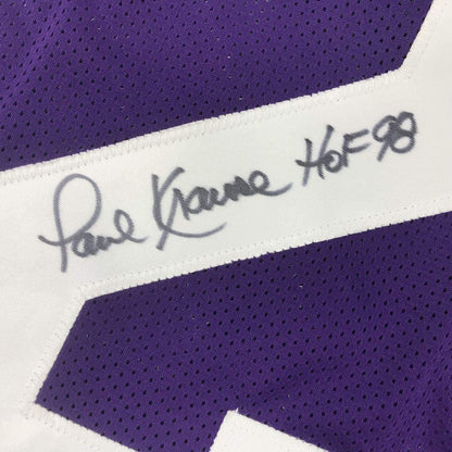 Framed Autographed/Signed Paul Krause HOF 98 33x42 Minnesota Purple Football Jersey JSA COA