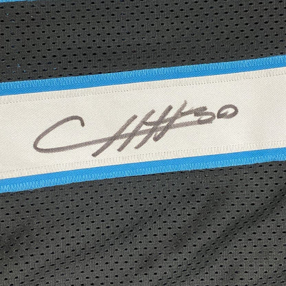 Framed Autographed/Signed Chuba Hubbard 33x42 Carolina Black Football Jersey Beckett BAS COA