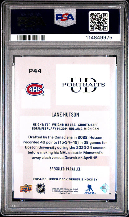 Graded 2024 Upper Deck Lane Hutson #P44 UD Portraits Speckle Rookie RC Hockey Card PSA 10 Gem Mint