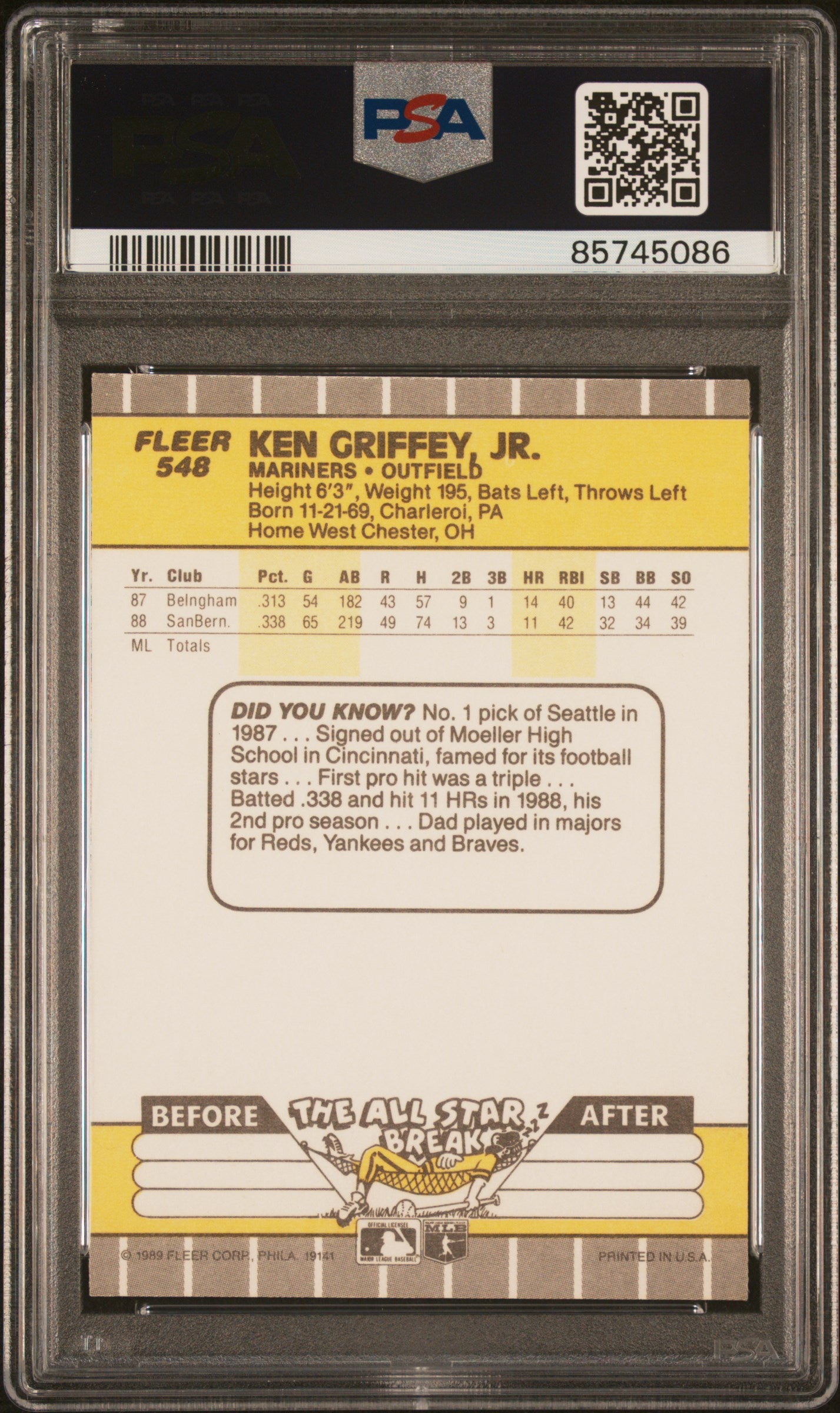 Graded 1989 Fleer Ken Griffey Jr. #548 Rookie RC Baseball Card PSA 10 Gem Mint