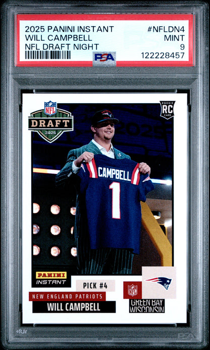 Graded 2025 Panini Instant Will Campbell #NFLDN4 NFL Draft Night Rookie RC Football Card PSA 9 Mint