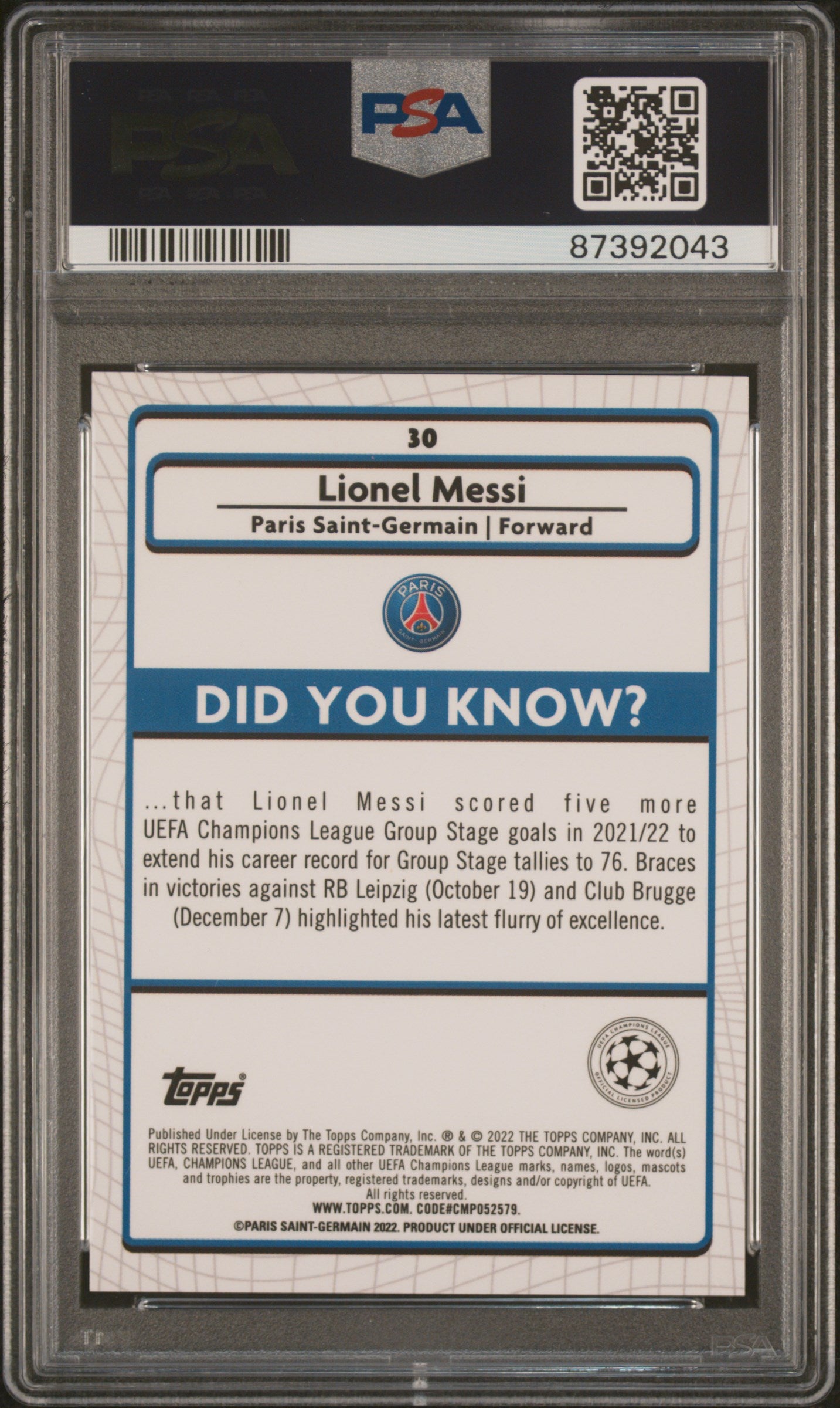 Graded 2021 Topps Merlin Chrome UCL Lionel Messi #30 UEFA Champions League Soccer Card PSA 10 Gem Mint