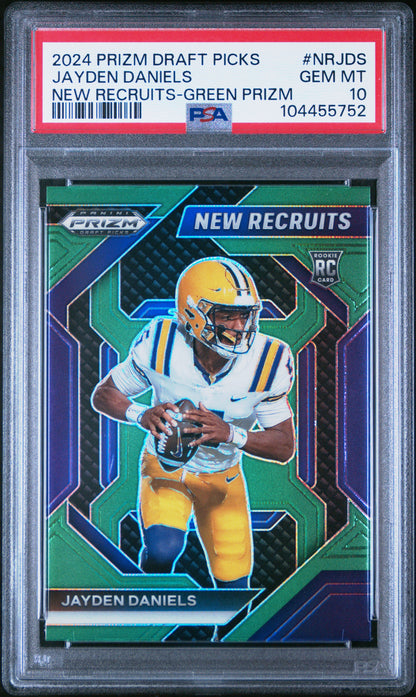 Graded 2024 Panini Prizm Draft Picks Jayden Daniels #NRJDS New Recruits Green Prizm Rookie RC Football Card PSA 10 Gem Mint