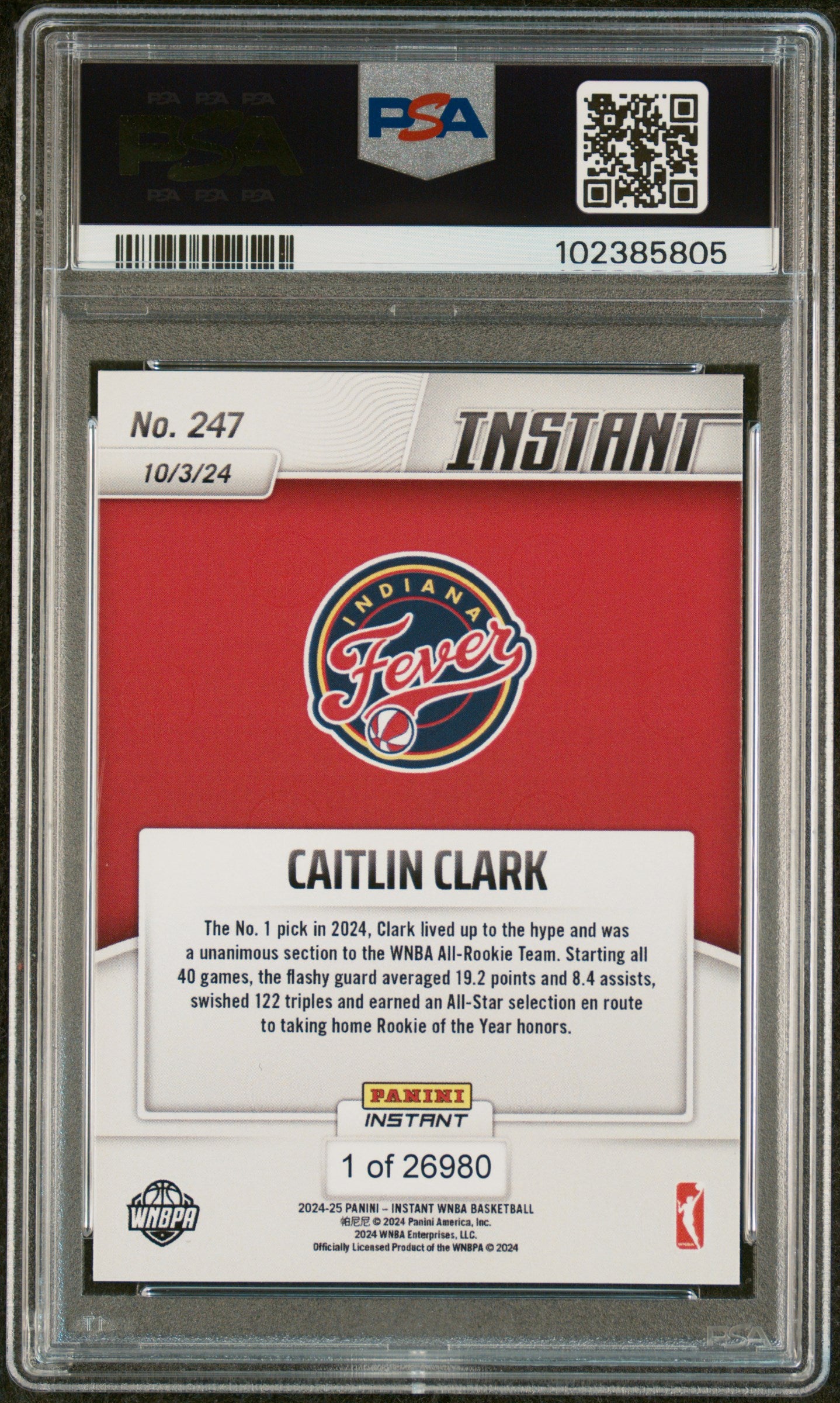 Graded 2024 Panini Instant WNBA Caitlin Clark #247 2024 WNBA All Rookie Team Rookie RC Basketball Card PSA 10 Gem Mint