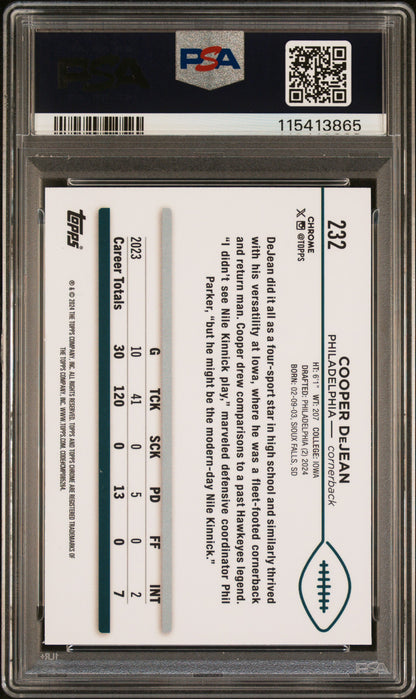 Graded 2024 Topps Chrome Cooper DeJean #232 Rookie RC Football Card PSA 10 Gem Mint