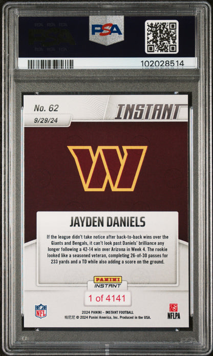 Graded 2024 Panini Instant NFL Jayden Daniels #62 Rookie RC Football Card PSA 10 Gem Mint