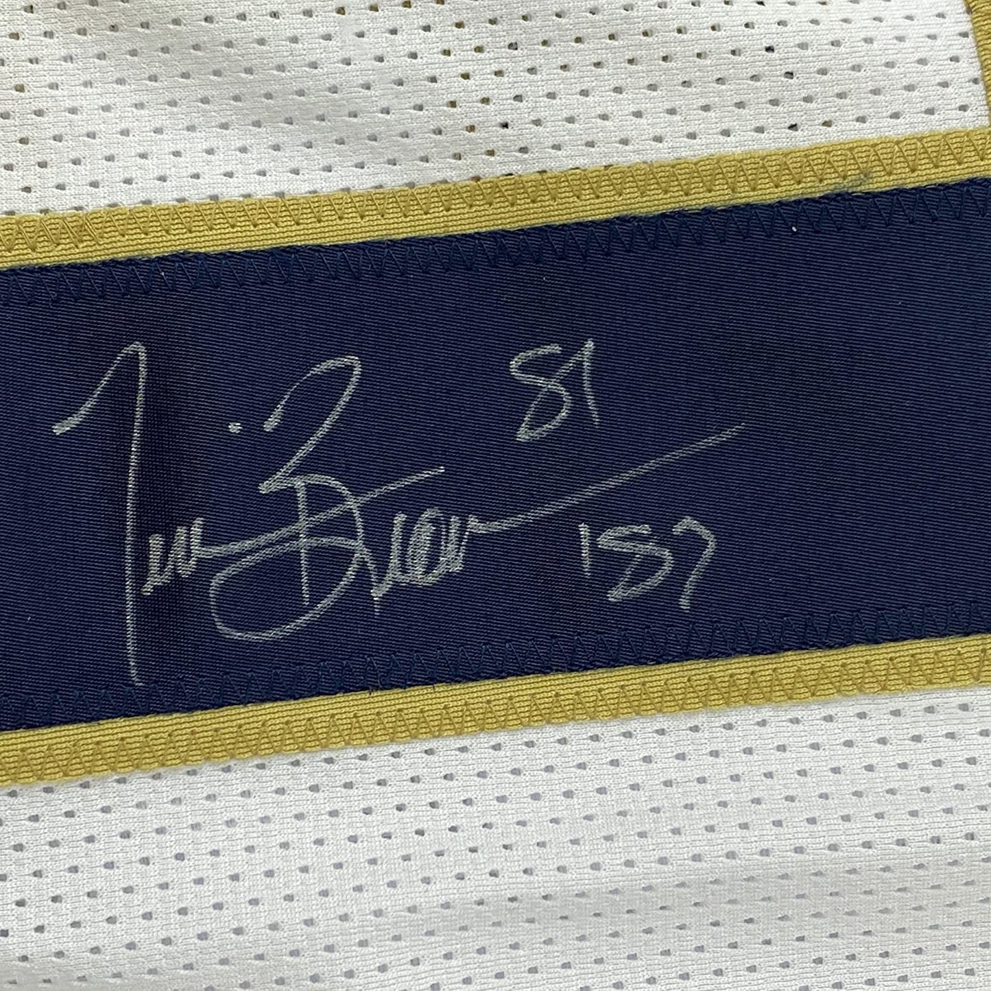 Framed Autographed/Signed Tim Brown 35x39 Notre Dame White College Football Jersey JSA COA