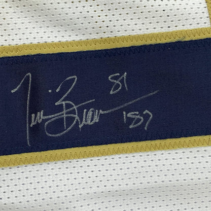 Framed Autographed/Signed Tim Brown 35x39 Notre Dame White College Football Jersey JSA COA