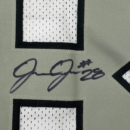 Framed Autographed/Signed Josh Jacobs 35x39 Las Vegas Oakland Color Rush Football Jersey Beckett BAS COA