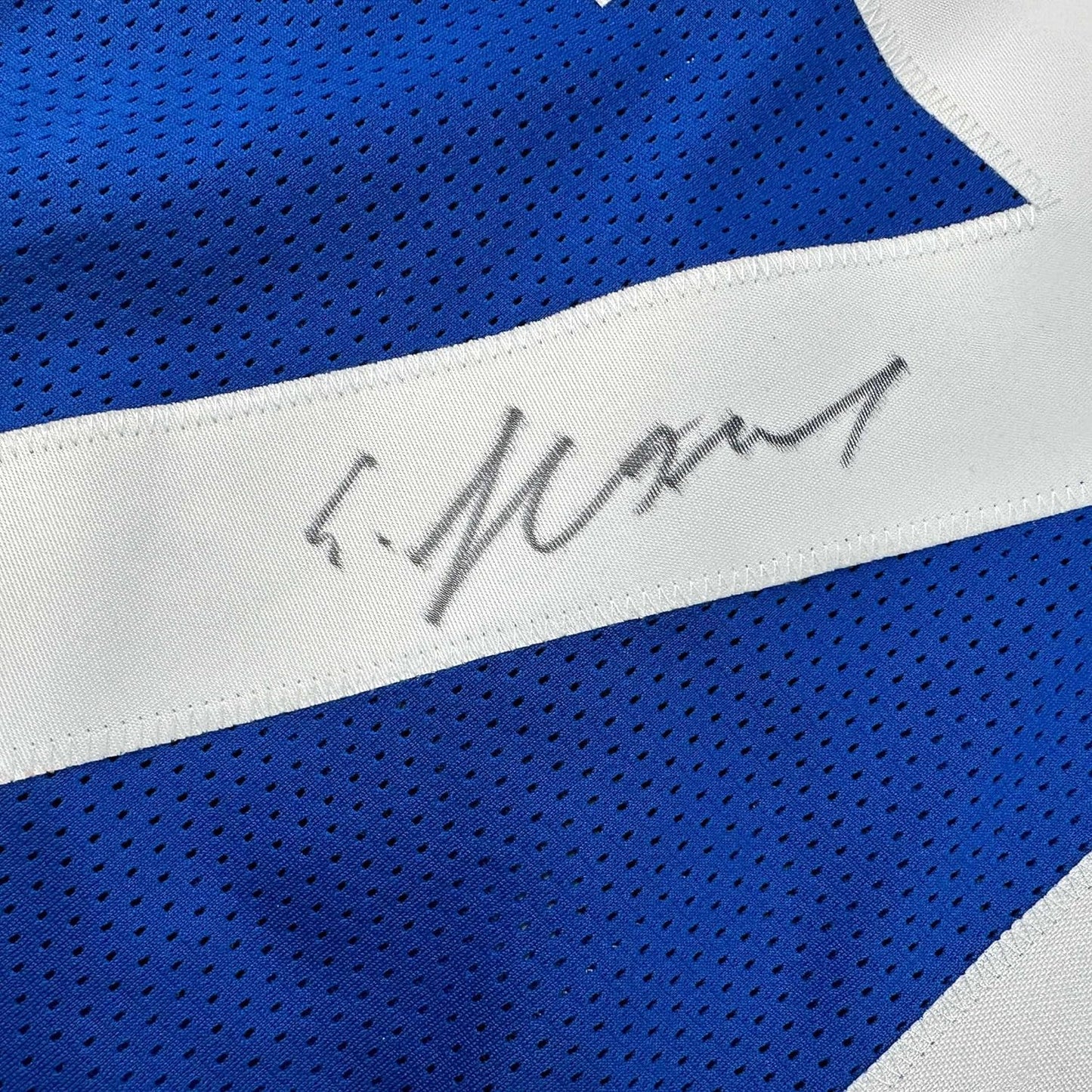 Framed Autographed/Signed Ereck Flowers 35x39 New York Blue Football Jersey JSA COA