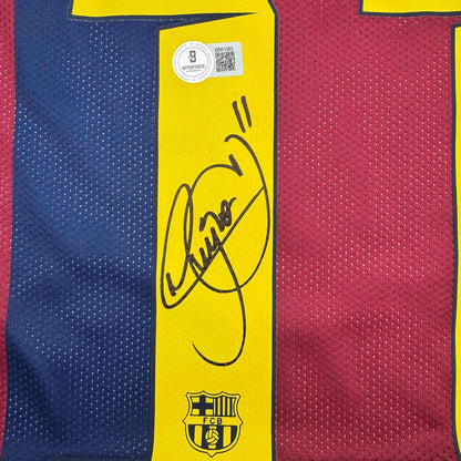 Framed Autographed/Signed Neymar Jr 35x39 FC Barcelona Blue Soccer Jersey Beckett BAS COA