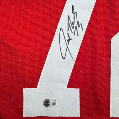 Framed Autographed/Signed Joe Thomas 35x39 Wisconsin Red College Football Jersey Beckett BAS COA