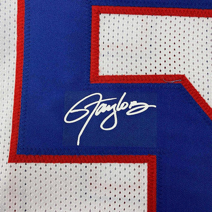 Framed Facsimile Autographed Lawrence Taylor 35x39 New York White Reprint Laser Auto Football Jersey