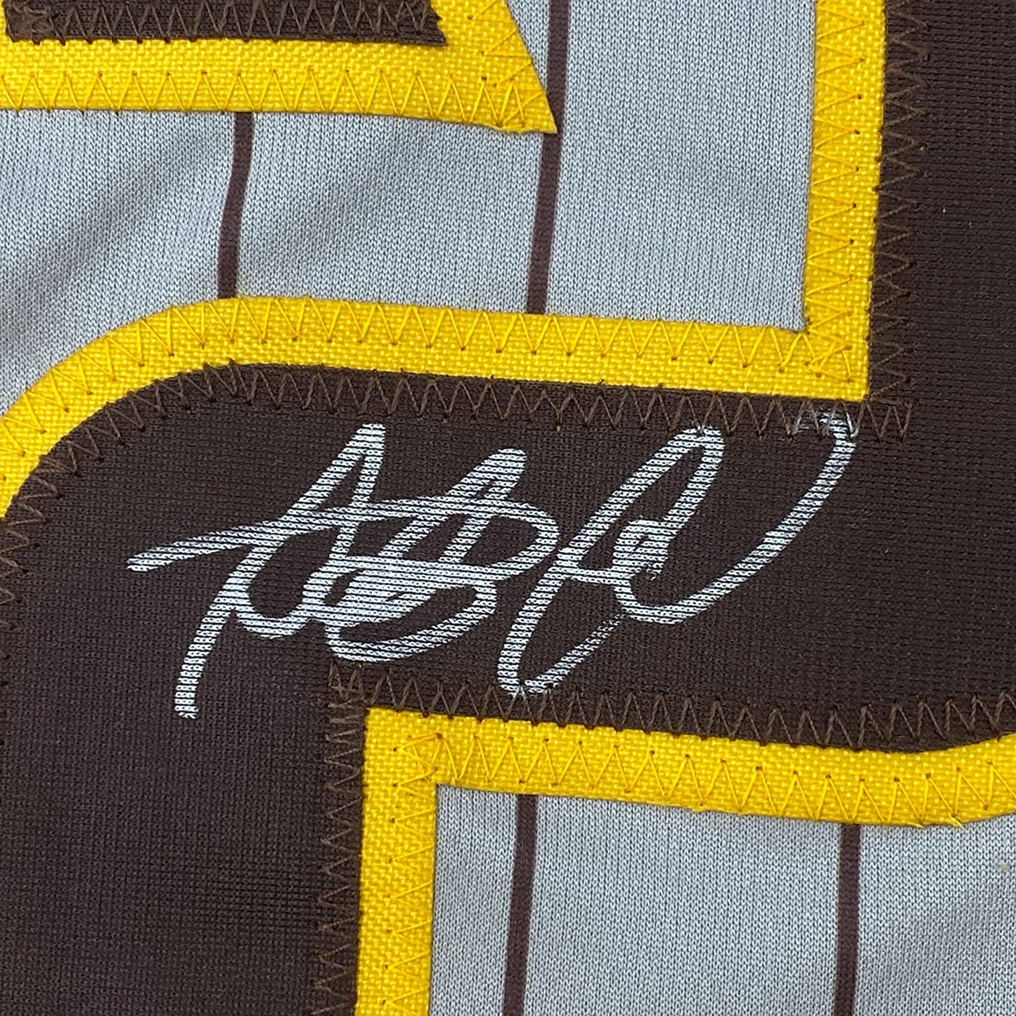 Framed Autographed/Signed Fernando Tatis Jr. 35x39 San Diego Grey Pinstripe Baseball Jersey JSA COA