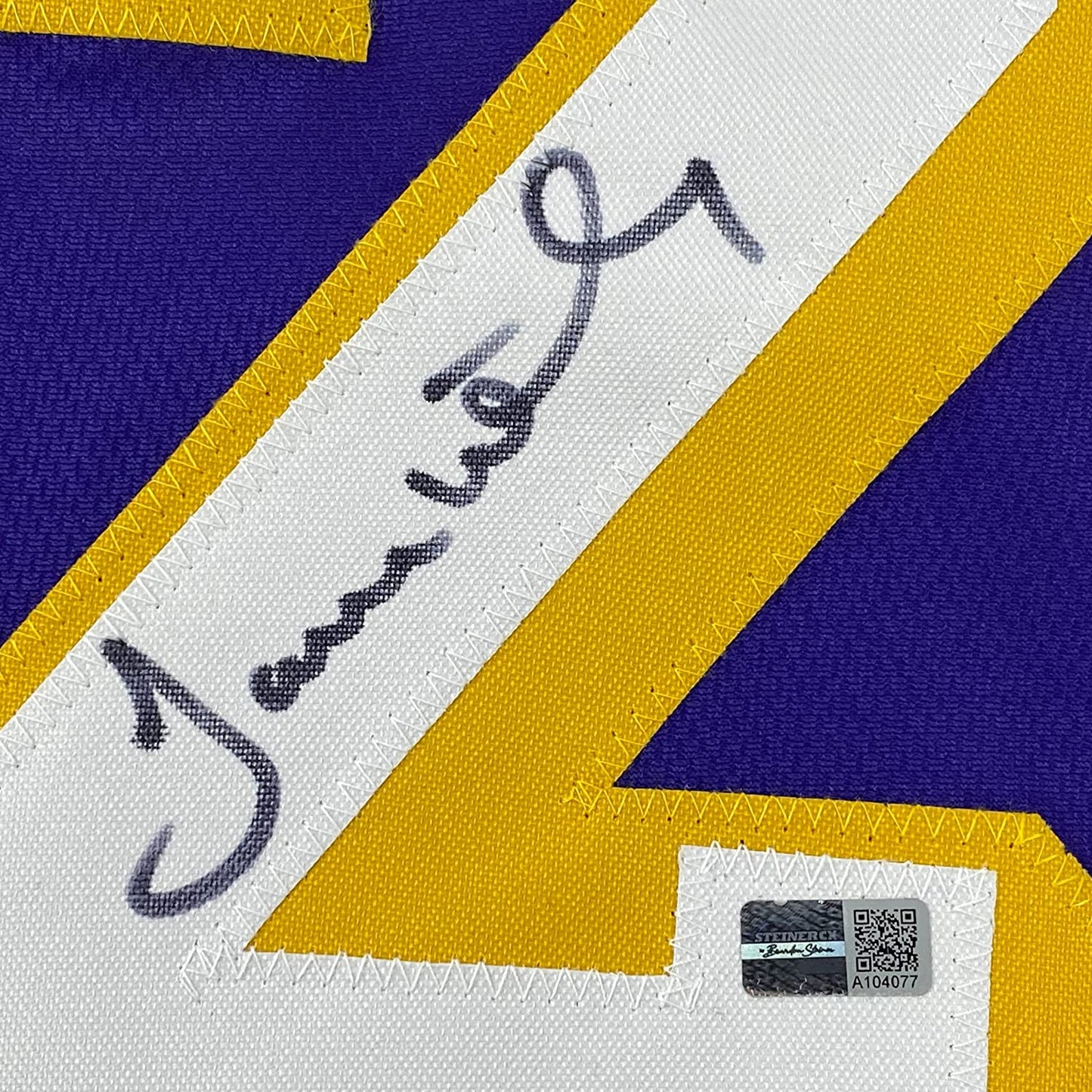 Framed Autographed/Signed James Worthy 35x39 Los Angeles LA Purple Basketball Jersey Steiner COA