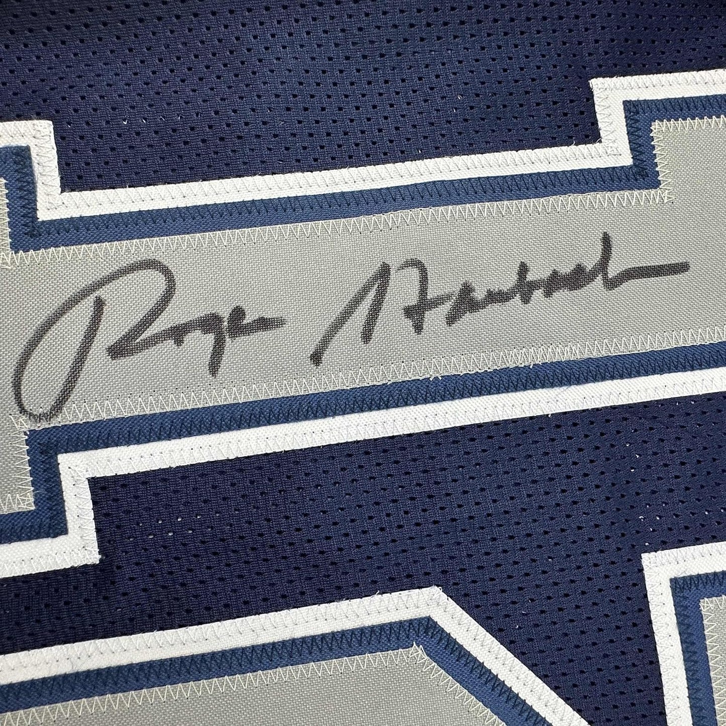 Framed Autographed/Signed Roger Staubach 35x39 Dallas Blue Football Jersey Beckett BAS COA