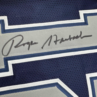 Framed Autographed/Signed Roger Staubach 35x39 Dallas Blue Football Jersey Beckett BAS COA