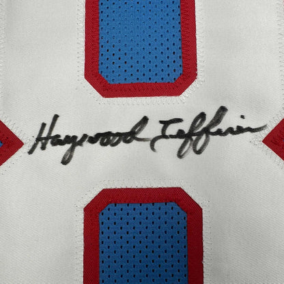 Framed Autographed/Signed Haywood Jeffires 35x39 Tennessee Retro Light Blue Football Jersey JSA COA