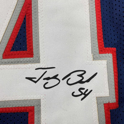 Framed Facsimile Autographed Tedy Bruschi 35x39 New England Blue Reprint Laser Auto Football Jersey