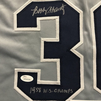 Framed Autographed/Signed Bobby Shantz 33x42 New York Grey Baseball Jersey JSA COA