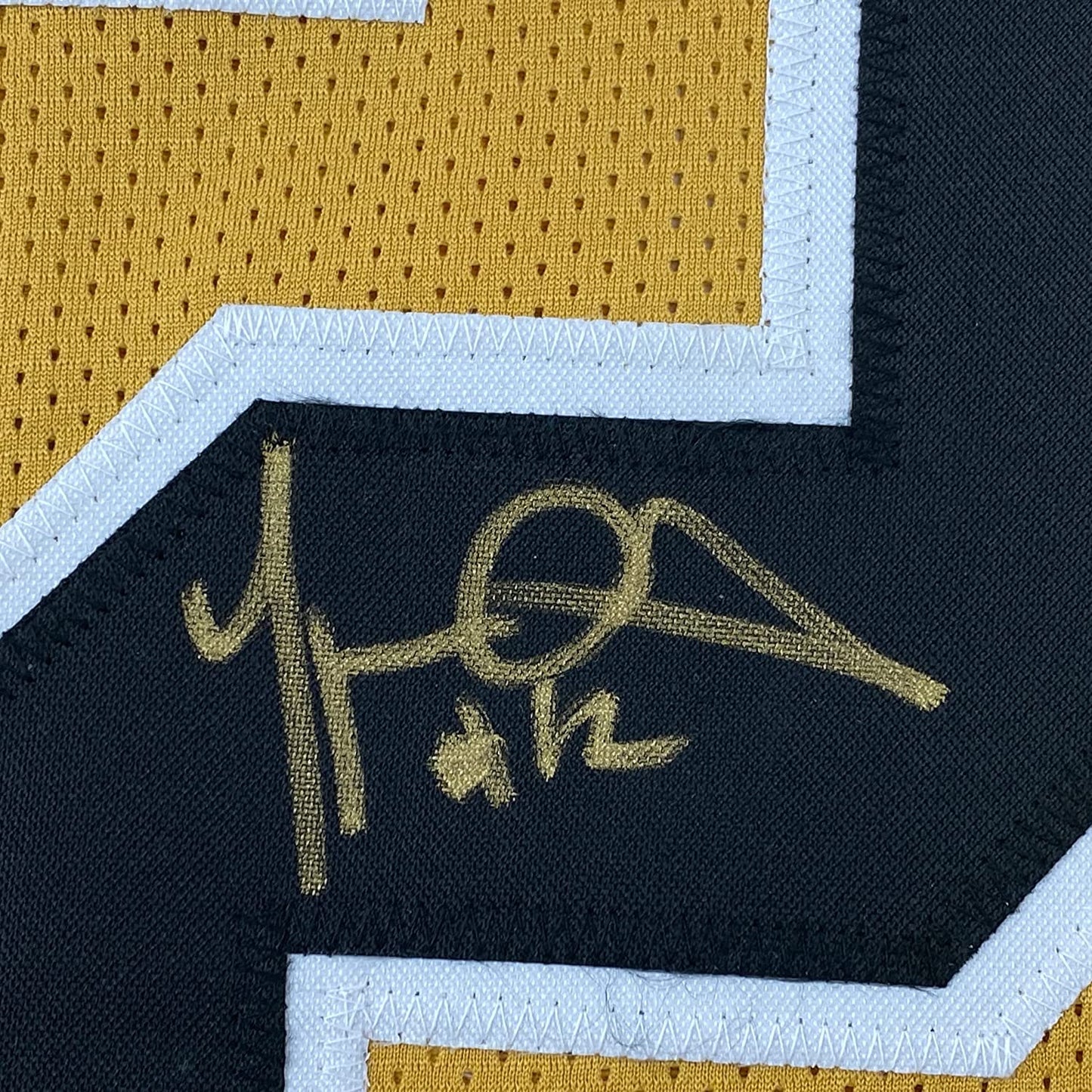 Framed Autographed/Signed Marques Colston 35x39 New Orleans Gold Football Jersey JSA COA